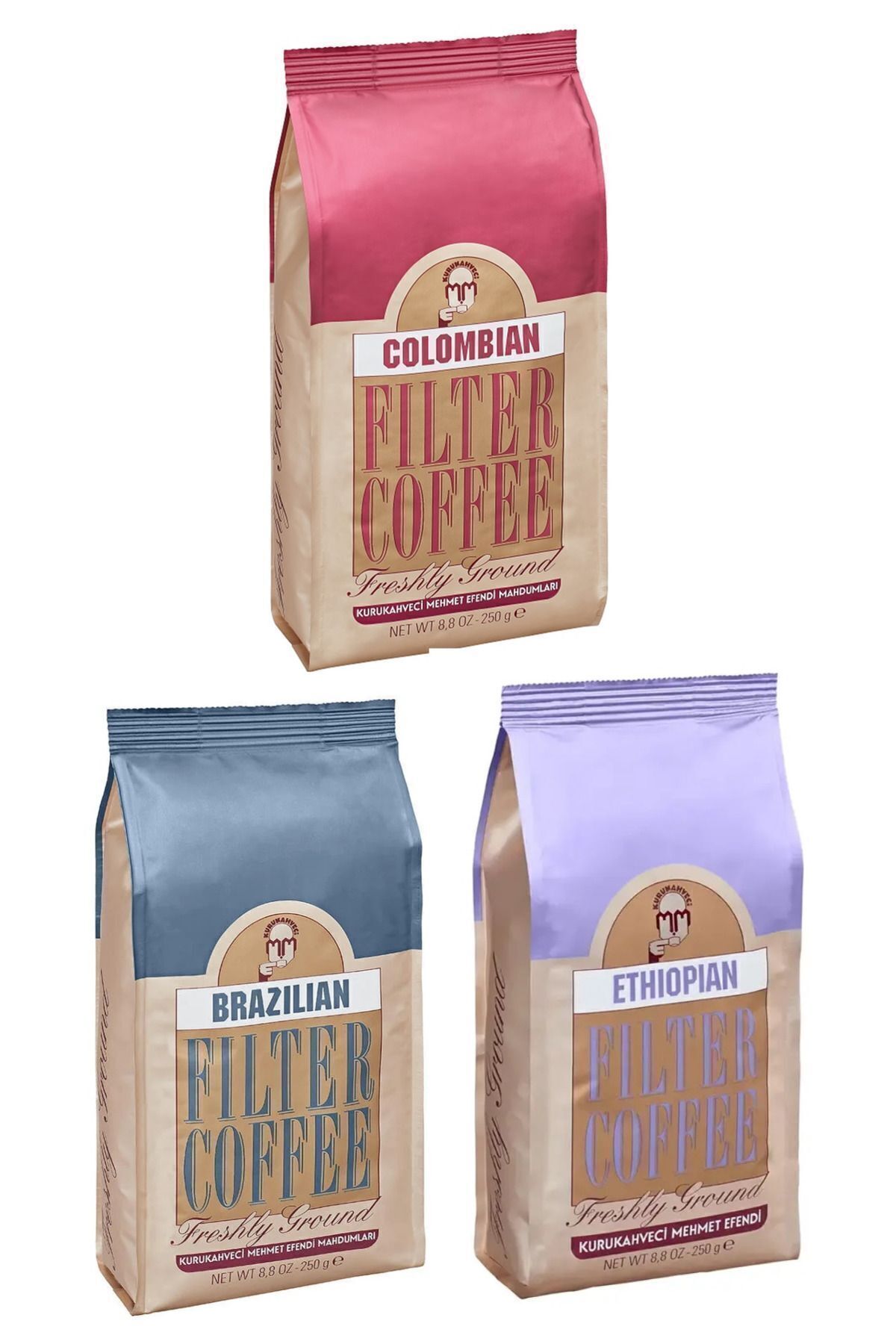 Mehmet Efendi Kurukahveci Mehmet Efendi Colombian / Brazilian / Ethiopian Öğütülmüş Üçlü Filtre Kahve Seti